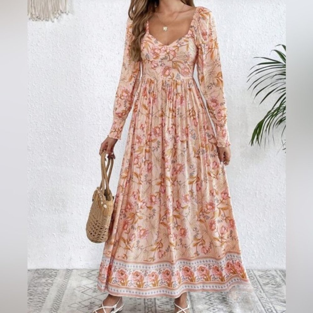 LAST ONE 🔥 Malaga Boho Floral Print Sweetheart Neck Dress
